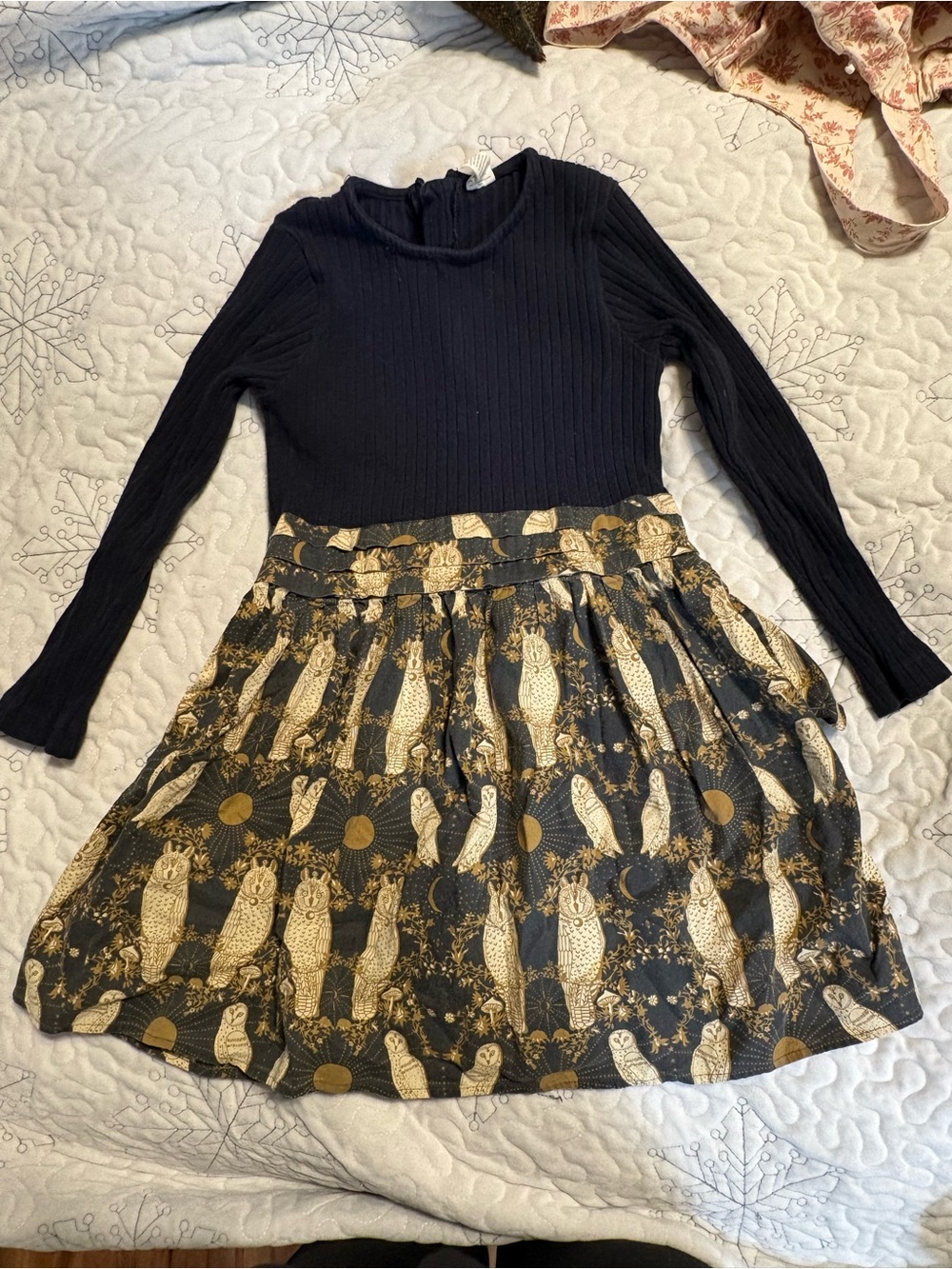 kate quinn Black Long-Sleeve Dress with Gold Owl Print Skirt